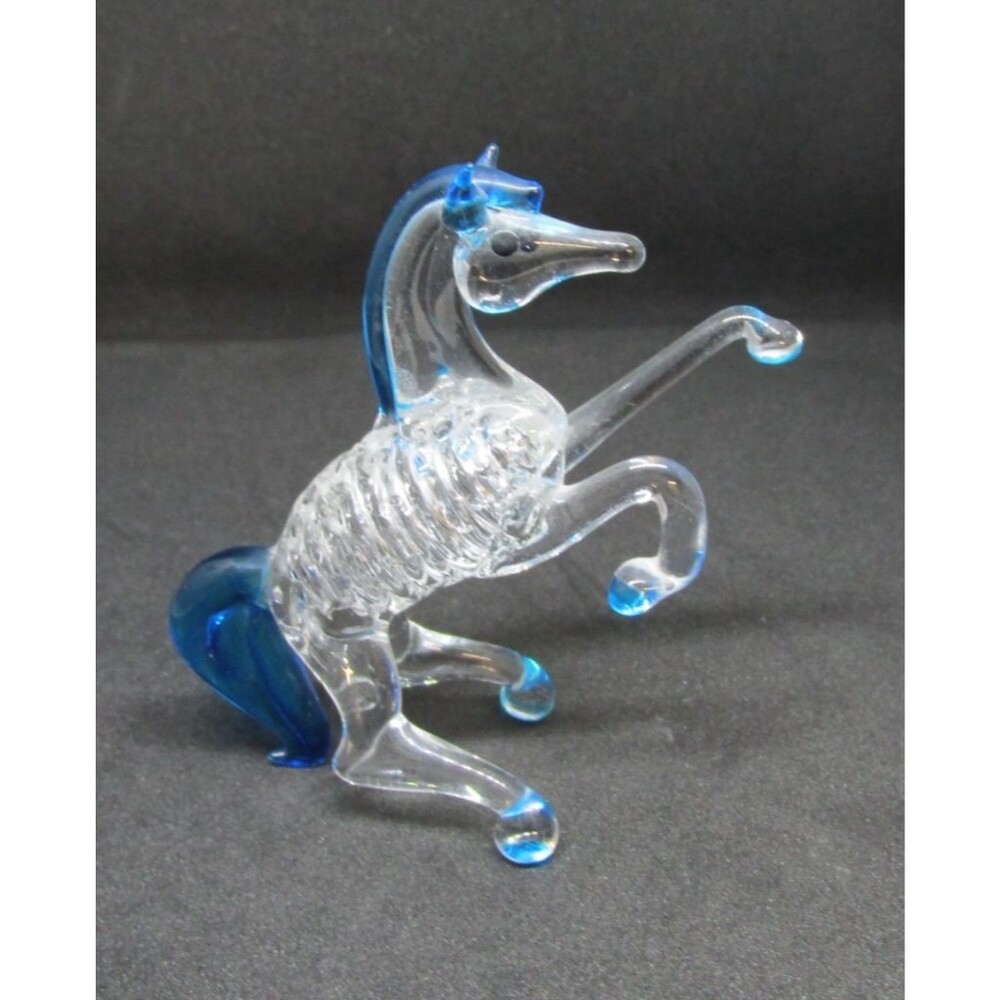 Horse Rearing blue Spun Hand blown glass carnival  Art glass Vintage 2.25 in
